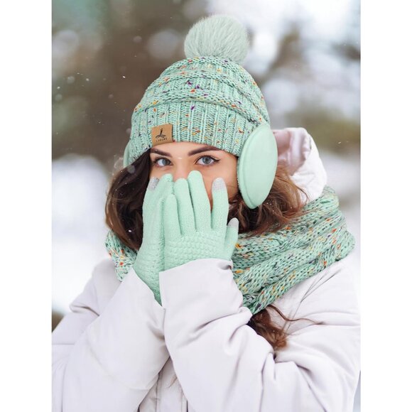 Women Green Knit Beanie Hat, Gloves, Scarf & Ear Warmer Set - Winter - Picture 6 of 6